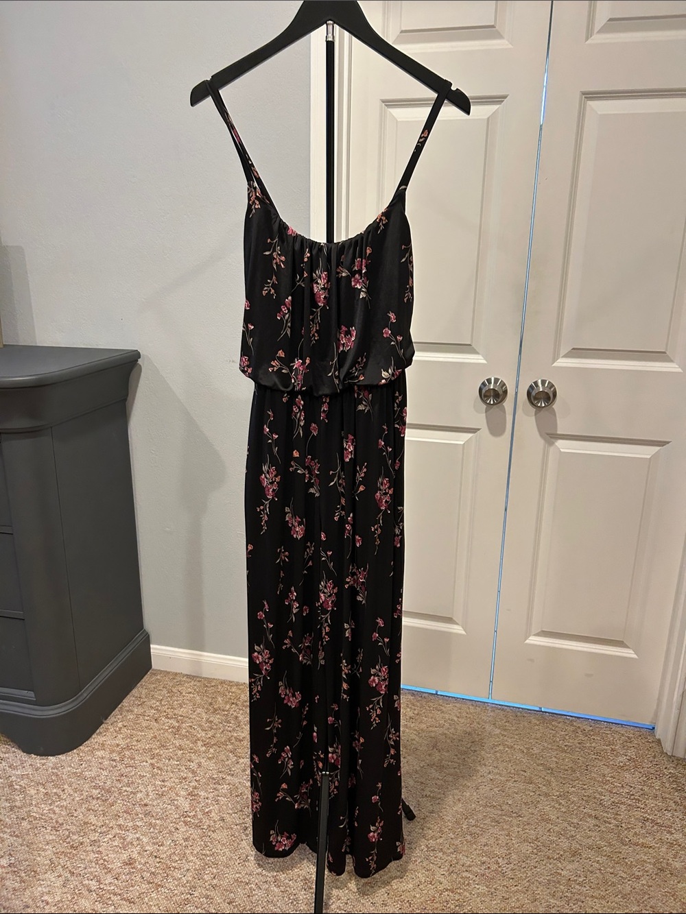 Kaileigh Black Floral Spaghetti-Strap Jumpsuit